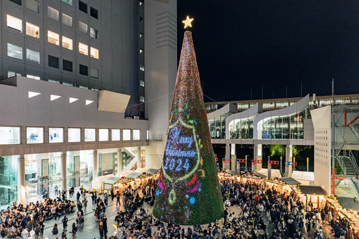 蓝天大厦前登场的LED投影圣诞树